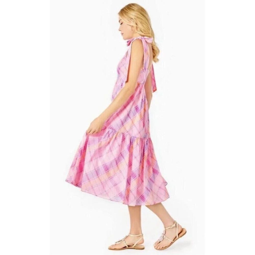 NWT Lilly Pulitzer Anlee Pink Isle Madras Plaid Tiered Cotton Midi Dress size 10